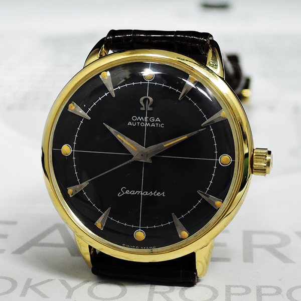 オメガ OMEGA シーマスター K14 メンズ腕時計 自動巻き 黒文字盤 新品純正ベルト 【委託時計】
