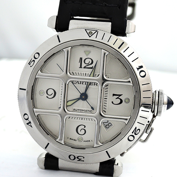 カルティエ Cartier パシャ38mm グリット W3104055 自動巻 腕時計 メンズ SSｘ黒革 シルバー文字盤 【委託時計】